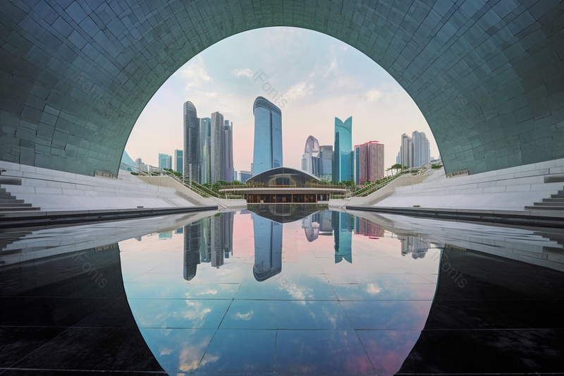 城市高楼拱形倒影高清摄影实拍图,高清,摄影图,摄影图片,图片大全,摄影图免费下载